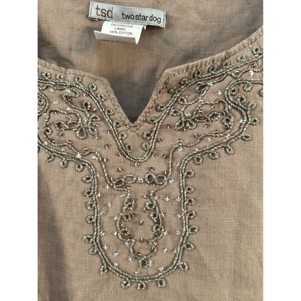 Two Star Dog Women's Linen Embroidered V Neck Sleeveless Dress Pockets Sz Medium - Picture 4 of 10